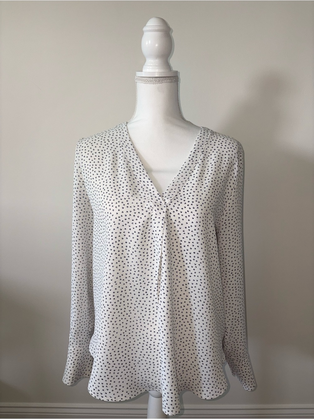Ann Taylor White V-Neck Long Sleeve Polka Dot Blouse